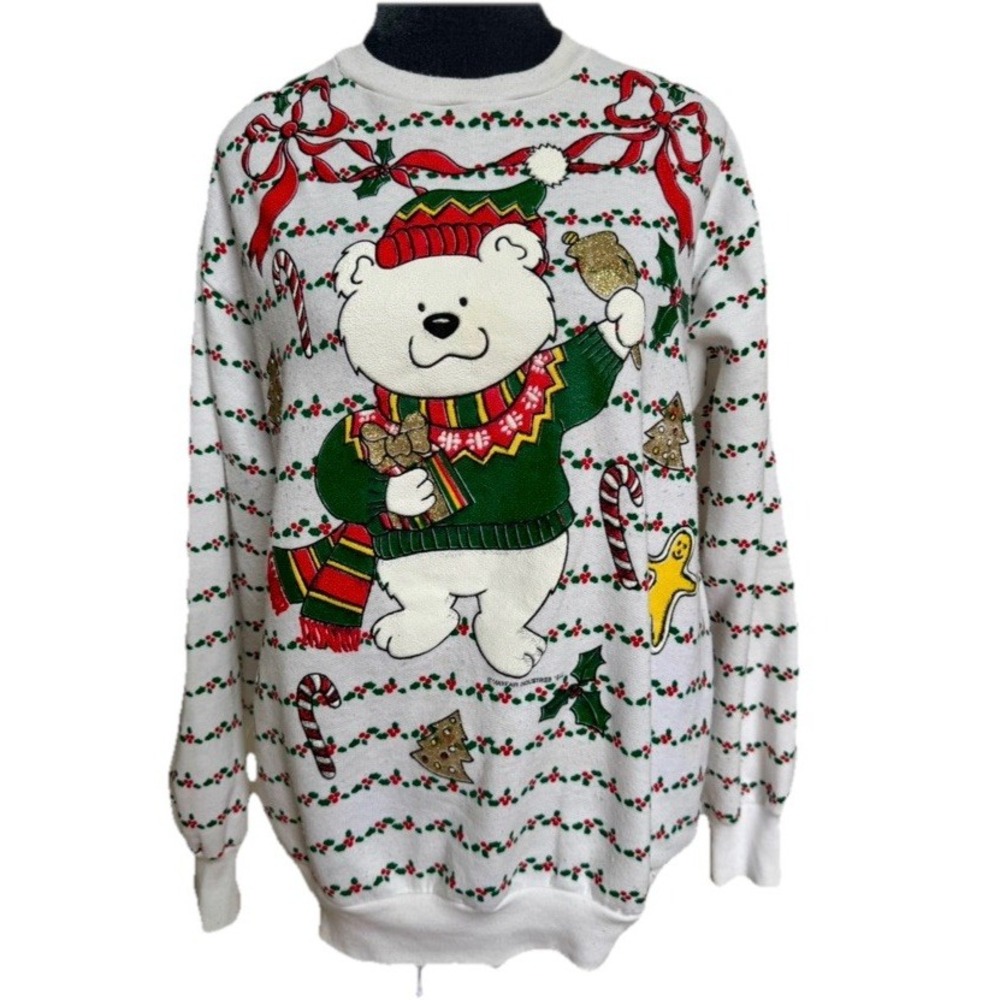 Vtg 90s Jane Colby Sweatshirt L White Teddy Bear Holidays‎ Christmas Festive USA